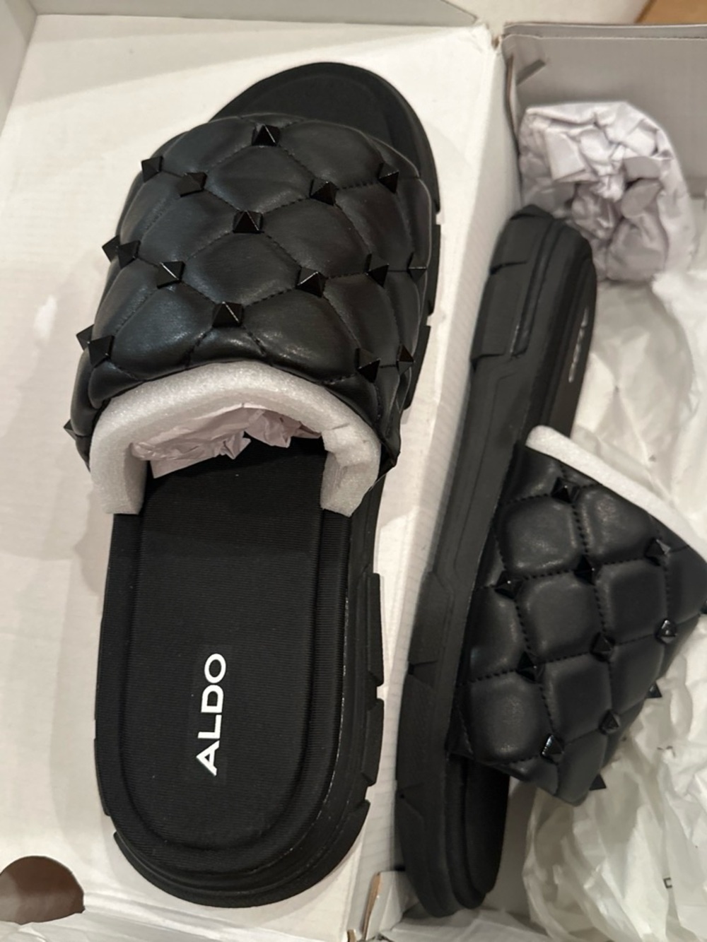 ALDO Black Quilted Slide Sandals with Stud Accents size 9